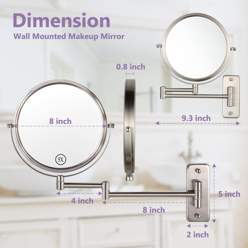 Alhakin Wall Mounted Makeup Mirror, 1X/5X Magnifying Mirror Double Sided, 8 Inch Extendable Bathroom Mirror for Shaving, Nickel - Image 4